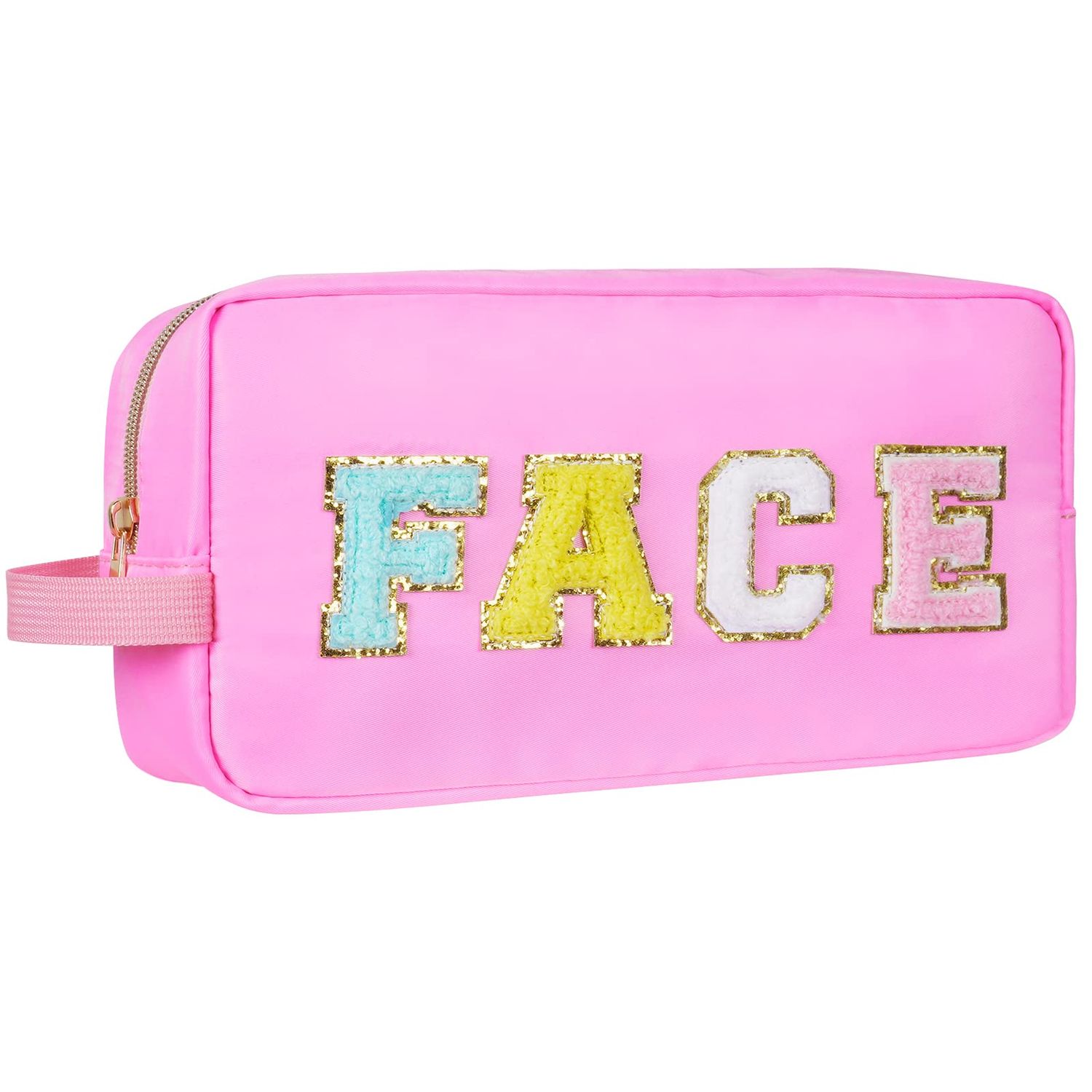 Aucuu Nylon Cosmetic Bag Preppy Makeup Stuff Bag with Chenille Varsity Letter Patch,Skin Care Travel Bag Organizer for Women, Make Up Skincare Cosmetic Zipper Stuff Bags for WomenPink