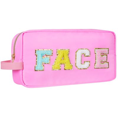 Aucuu Nylon Cosmetic Bag Preppy Makeup Stuff Bag with Chenille Varsity Letter Patch,Skin Care Travel Bag Organizer for Women, Make Up Skincare Cosmetic Zipper Stuff Bags for WomenPink