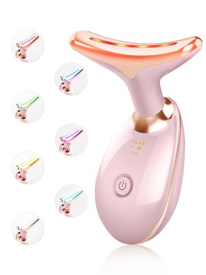 Facial Beauty Device, Multifunctional Facial Skin Care Tools with Vibration, Red and Blue LED Light, 7 Color Led Face and Neck Beauty Device for Home Use, Improve Skin(Glossy Pink)