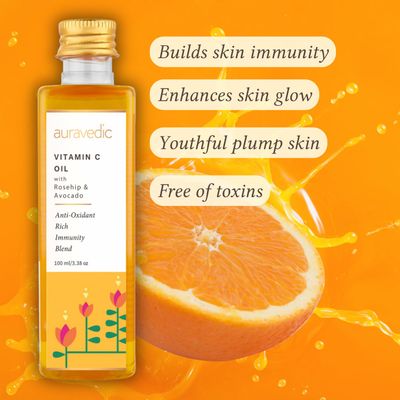 Auravedic Vitamin C Face Oil | with Rosehip, Avocado and Vitamin E | Natural &amp; Organic Skin Moisturizer | Ayurvedic Facial Massage Oil | 3.38 Fl Oz/100 ml