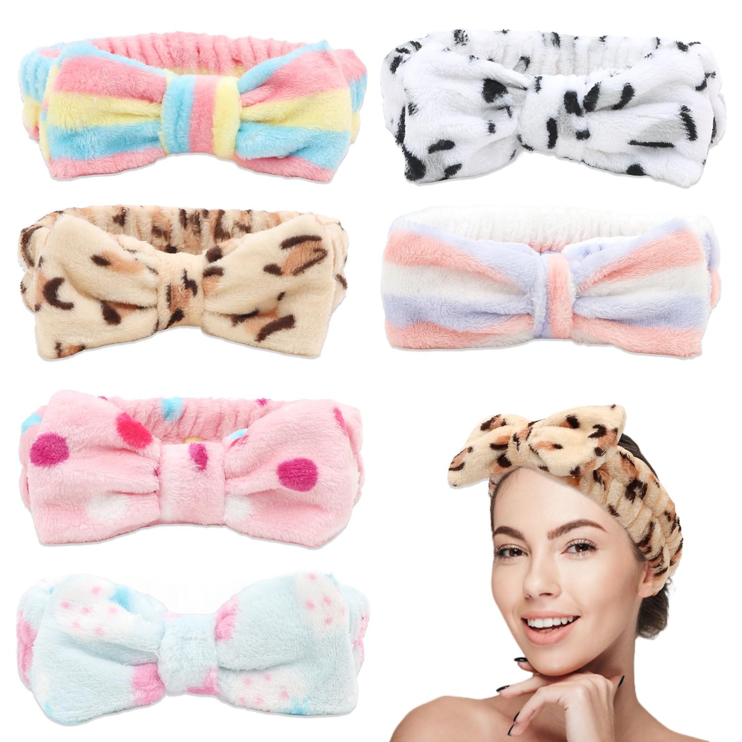 Aushamtai Spa Headbands for Women Microfiber Skincare Makeup Headband for Washing Face Terry Cloth Shower Bow Head Wrap 6 Pack
