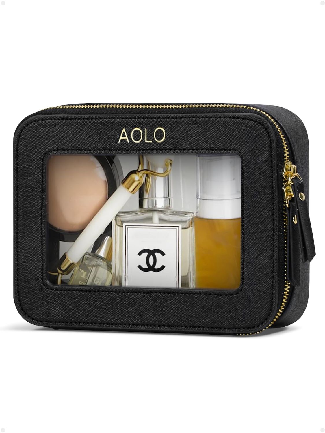AOLO Clear Makeup Bag Organizer - Medium Make up Pouch for Travel, Clear Cosmetic Bags with Zipper, Cute Transparent Skincare Toiletry Case for Women Traveling Essentials (Black, M)