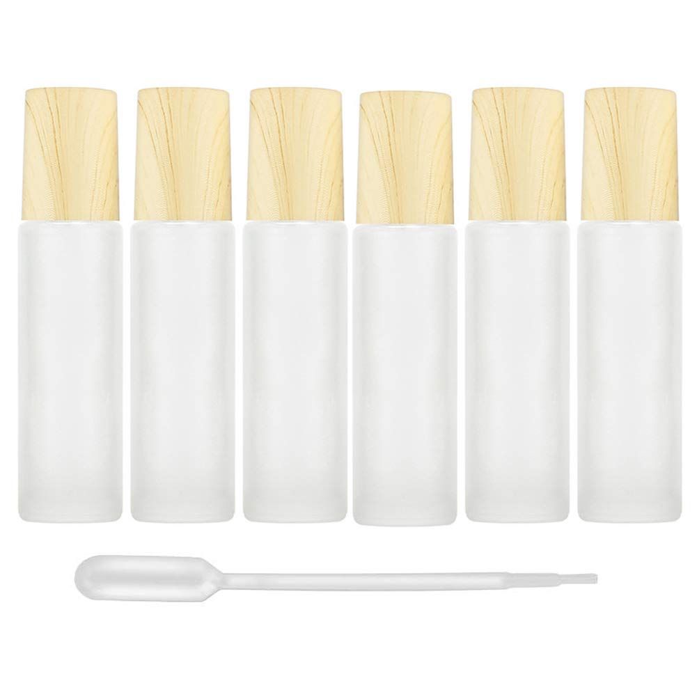 6Pcs 10ml High-grade Frosted Glass Roller Bottles Vials Containers with Metal Roller Ball and Wood Grain Plastic Cap for Essential Oil Aromatherapy Perfume Cosmetic Skincare Liquid, 1 Dropper Included