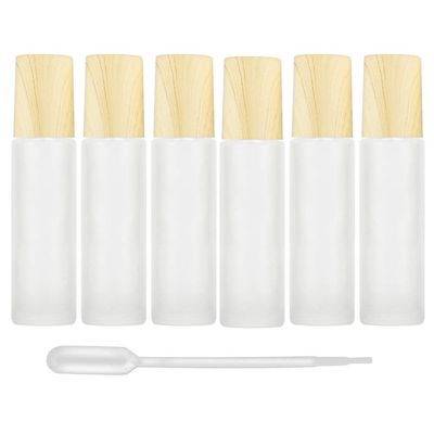 6Pcs 10ml High-grade Frosted Glass Roller Bottles Vials Containers with Metal Roller Ball and Wood Grain Plastic Cap for Essential Oil Aromatherapy Perfume Cosmetic Skincare Liquid, 1 Dropper Included