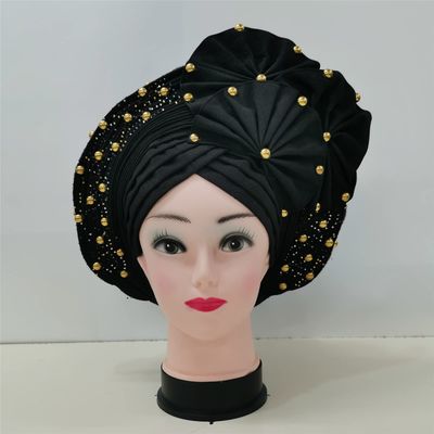 Already Made ASO Oke Gele Headties with Beads Nigerian Auto Gele Headtie African Head Wrap Turban for Women Fashion Headbands(Black)