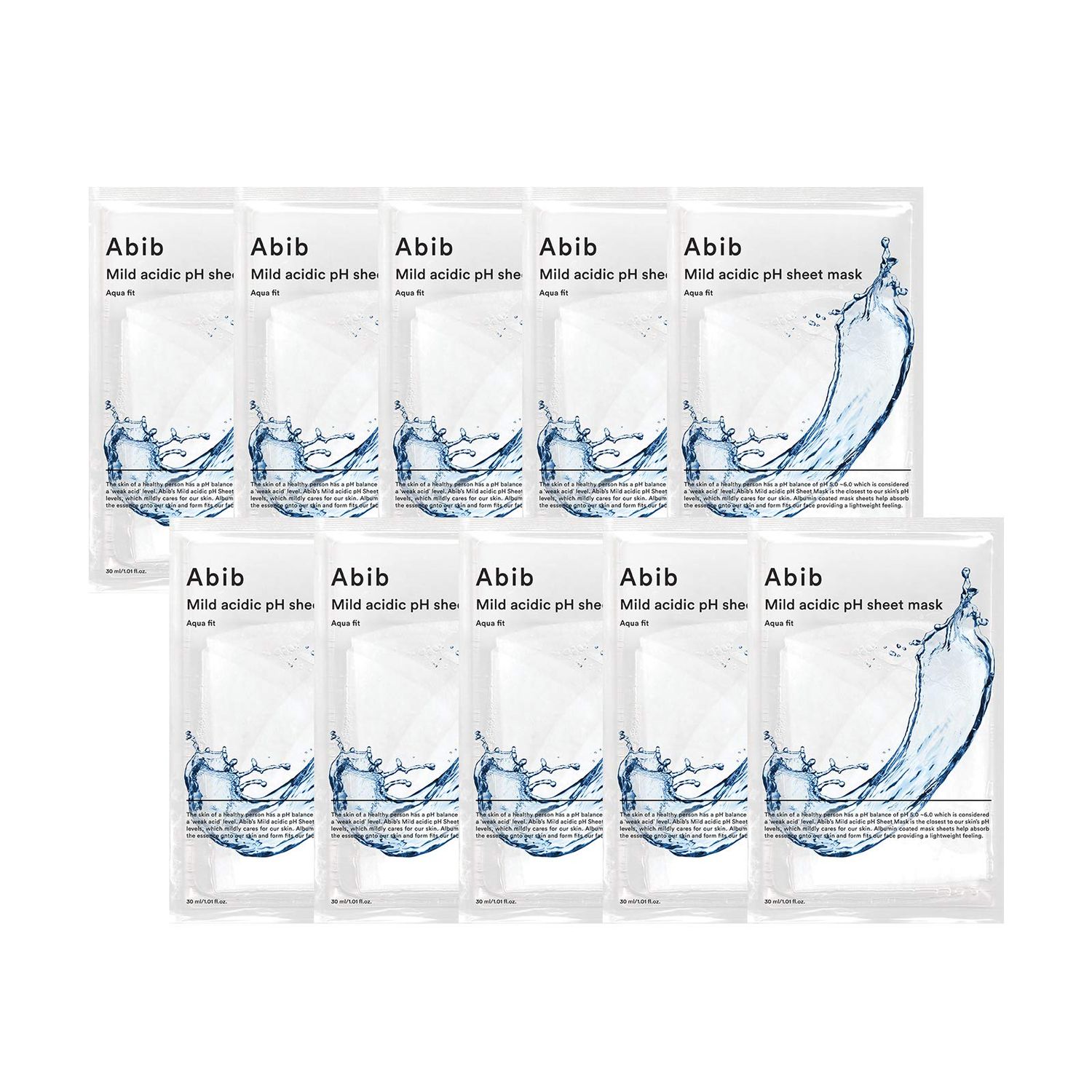 Abib Mild Acidic pH Sheet Mask Aqua Fit 10 Sheets I Intense Hydrating and Moisturizing Care for Dry and Dehydrated Skin