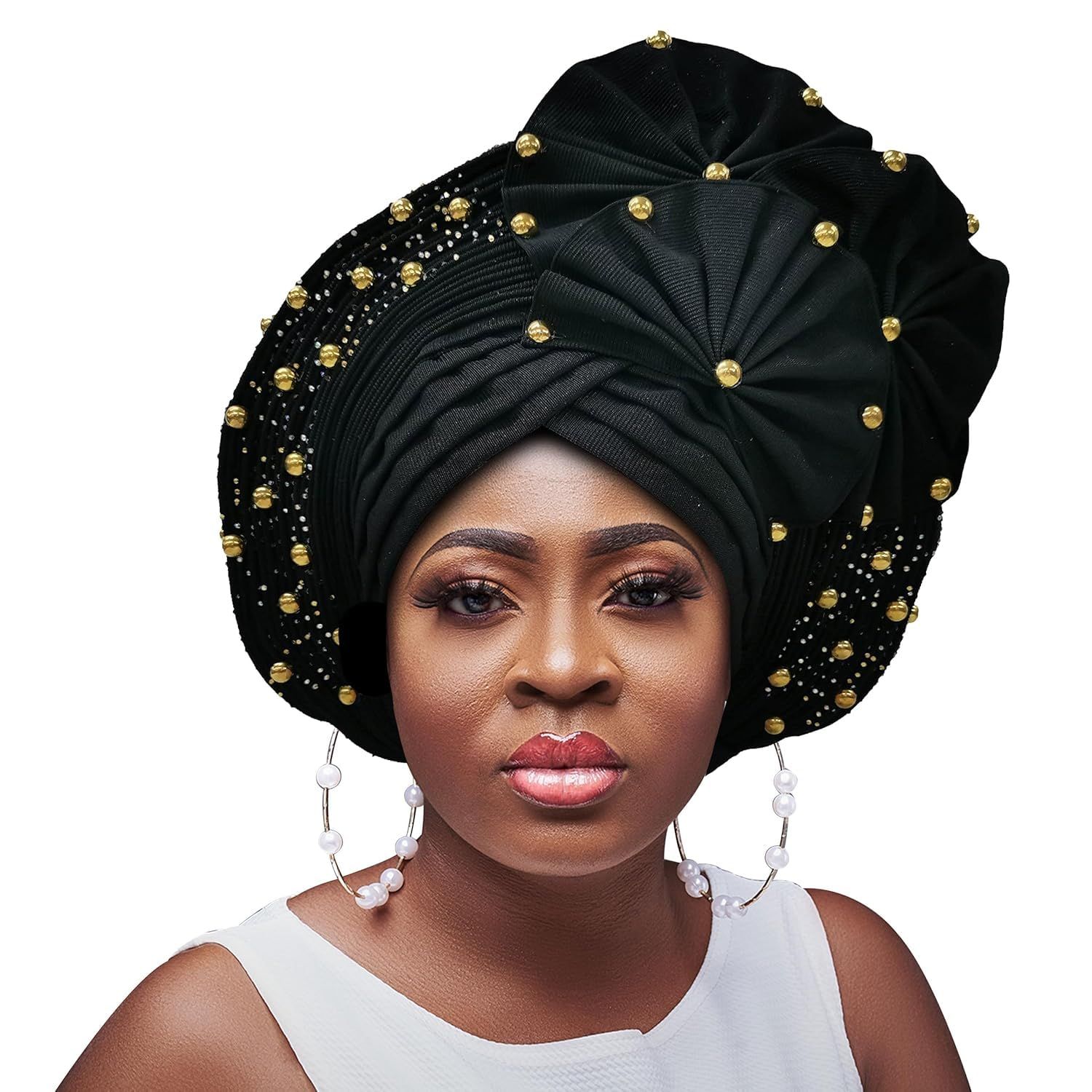 Already Made ASO Oke Gele Headties with Beads Nigerian Auto Gele Headtie African Head Wrap Turban for Women Fashion Headbands(Black)