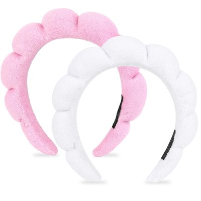 AMCAMI Puffy Spa Headband for Women 2 PCS Sponge Headbands for Girls Terry Towel Cloth Fabric Head Band for Skincare,Makeup Removal,Face Washing,Facial Mask,Shower,Hair AccessoriesWhite&amp;Light Pink