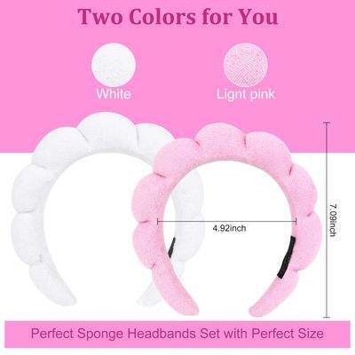 AMCAMI Puffy Spa Headband for Women 2 PCS Sponge Headbands for Girls Terry Towel Cloth Fabric Head Band for Skincare,Makeup Removal,Face Washing,Facial Mask,Shower,Hair AccessoriesWhite&Light Pink