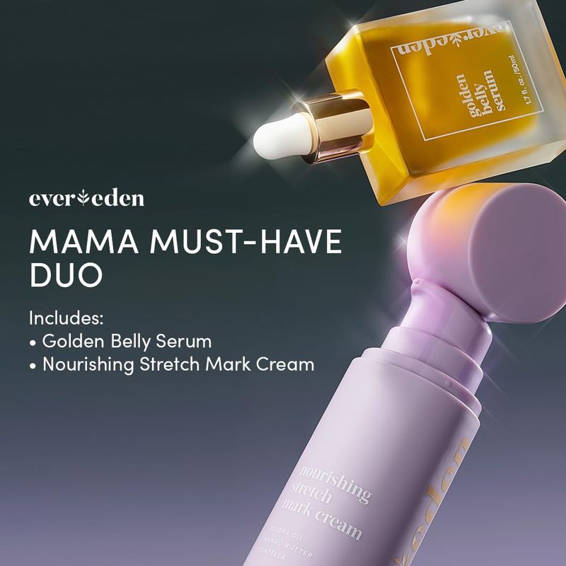 Evereden Mama Must-Have DUO - Golden Belly Stretch Mark Oil &amp; Nourishing Stretch Mark Cream - Dermatologist-Developed Clean &amp; Vegan Maternity Skin Care for Stretch Mark Reduction &amp; Skin Hydration