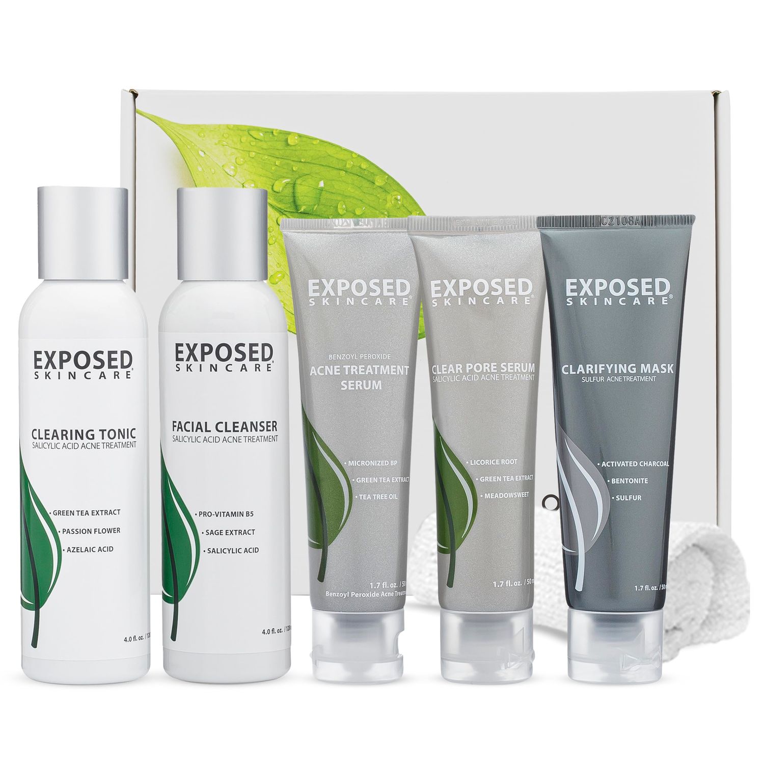 Exposed Skin Care Acne Treatment Kit - Includes Facial Cleanser, Clearing Tonic, Acne Treatment Serum, Clear Pore Serum, Clarifying Mask, Cloth - Natural Acne Solution for Face, All Ages &amp; Skin Types