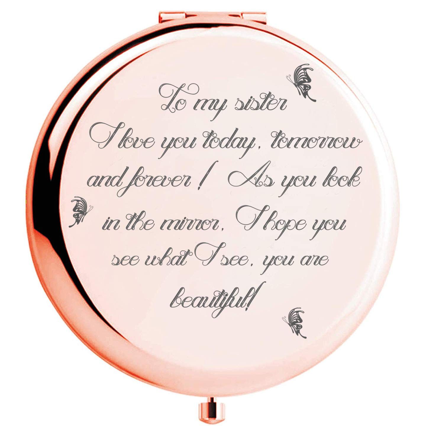 Fnbgl Sister Gifts from Sister Brother, Sisters Birthday Gift Ideas, Rose Gold Compact Mirror with Treasured Message for Mother&#39;s Day, Birthday, Christmas, Graduation and Special Celebration