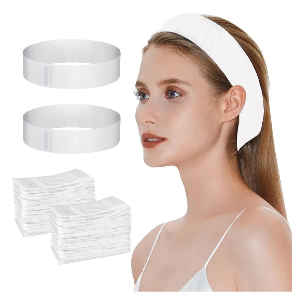 FEOKUMO 100PCS Disposable Stretchable Headbands,with adjustable Magic Tape, White Stretch Facial Head wraps Soft Skin Care Hair Band for Salons for Spa Facial Treatment