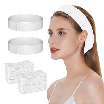 FEOKUMO 100PCS Disposable Stretchable Headbands,with adjustable Magic Tape, White Stretch Facial Head wraps Soft Skin Care Hair Band for Salons for Spa Facial Treatment