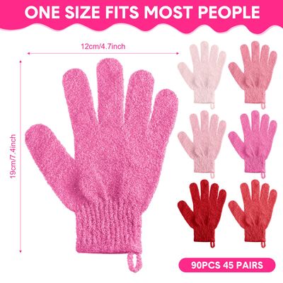 Cuffbow 90 Pcs Exfoliating Double Sided Bath Gloves with Hanging Loop Colorful Body Shower Gloves for Men Women Beauty Spa Massage Shower Clean Body Skin Bathing Scrubber Accessories (Pink Colors)