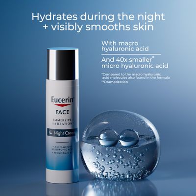 Eucerin Face Immersive Hydration Night Cream with Hyaluronic Acid and Provitamin B5, Ultra-Lightweight Face Moisturizer Smooths Fines Lines and Wrinkles, 2.5 Oz Bottle