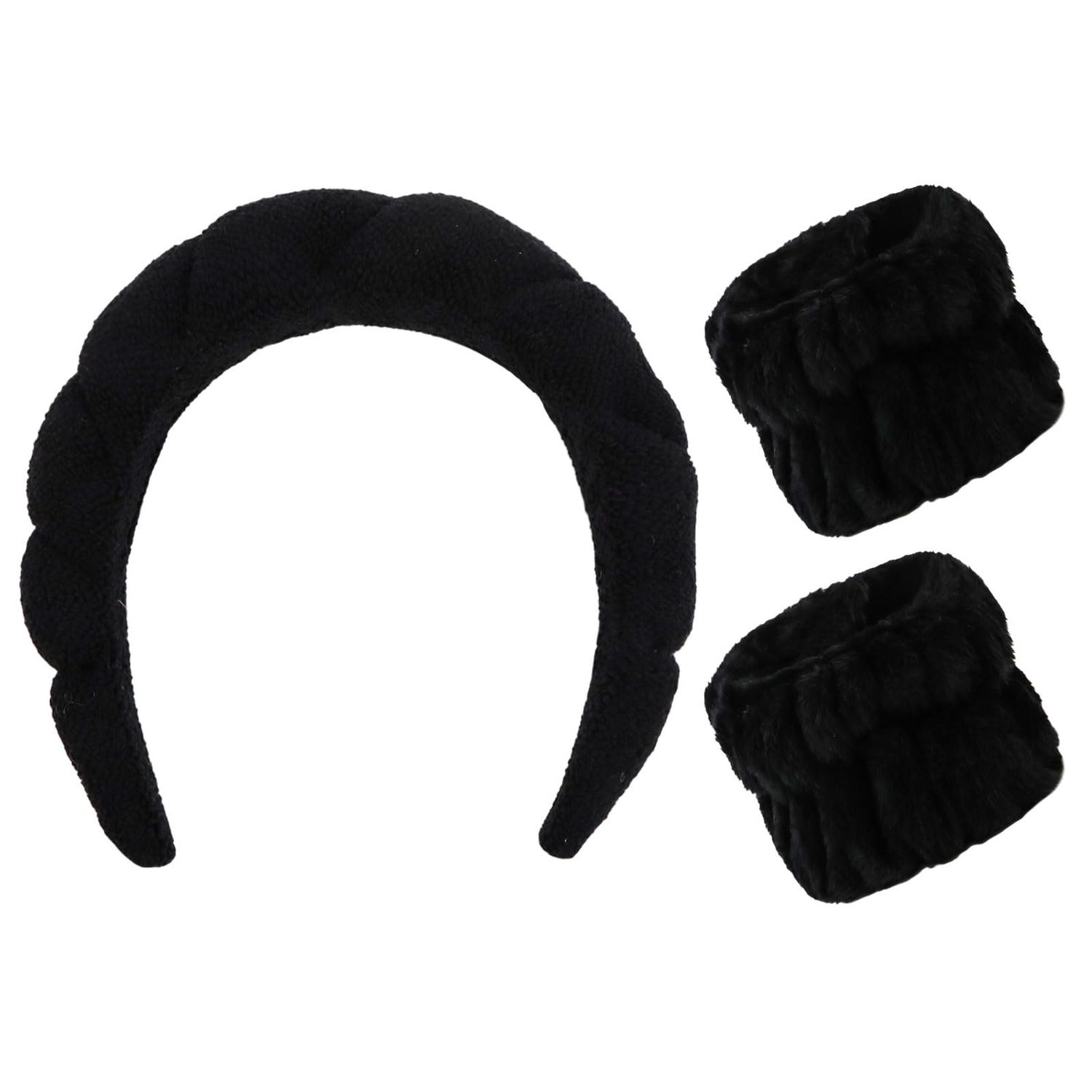 Casoty Black Puffy Headband and Wristbands Set, Skincare Headbands, Spa Headband and Wristband Set, Makeup Hair Band for Face Washing Shower Yoga
