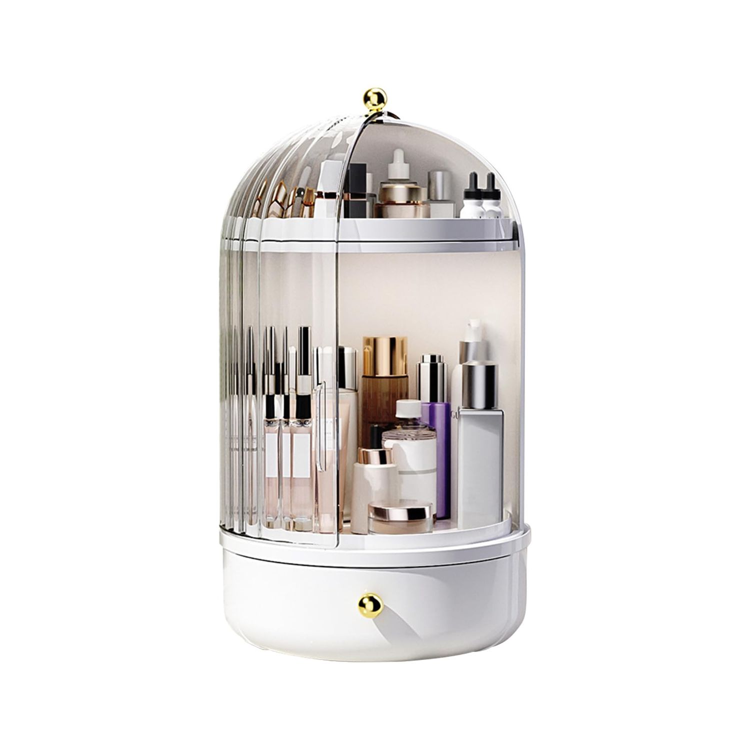 DASITON Makeup Organizer Countertop,360 Rotating Makeup Storage Organizer with Cover and Drawer,Waterproof Cosmetics Display Case,Large Capacity Skincare Organizers for Vanity,Desktop,Bathroom(White)