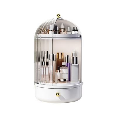 DASITON Makeup Organizer Countertop,360 Rotating Makeup Storage Organizer with Cover and Drawer,Waterproof Cosmetics Display Case,Large Capacity Skincare Organizers for Vanity,Desktop,Bathroom(White)
