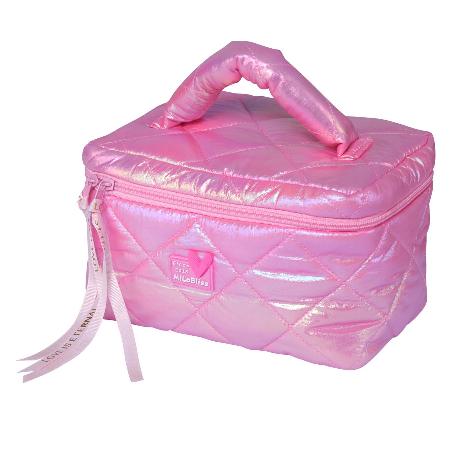 CECKQUE Women Trendy Large Square Quilted Puffy Makeup Bag, Aesthetic Checkered Travel Cosmetic Bag Skincare Beauty Toiletry Bag for Teen Girls (Pink)