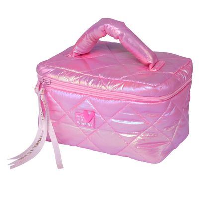 CECKQUE Women Trendy Large Square Quilted Puffy Makeup Bag, Aesthetic Checkered Travel Cosmetic Bag Skincare Beauty Toiletry Bag for Teen Girls (Pink)