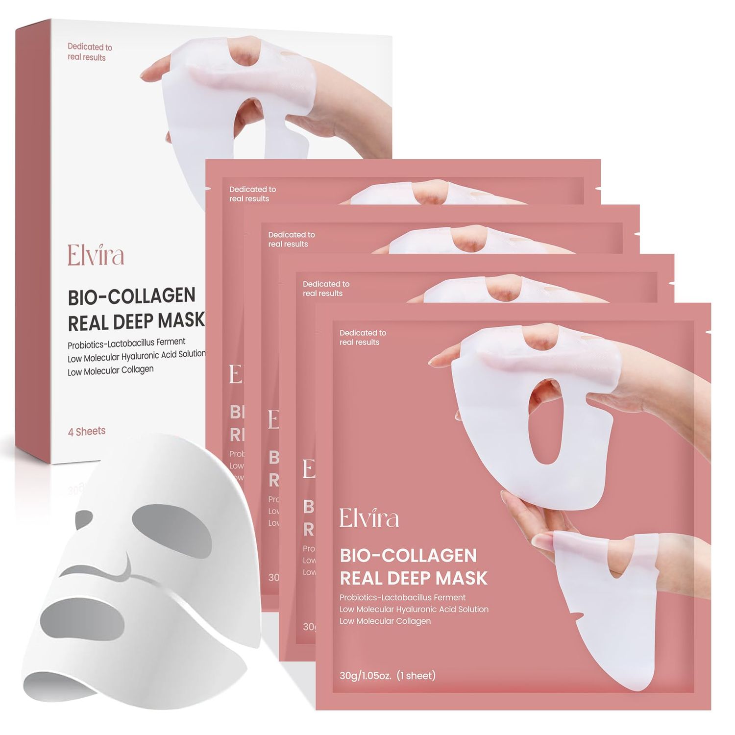Elvira Bio-Collagen Face Mask - Deep Hydrating Overnight Face Mask, Korean Skincare, Facial Treatments &amp; Masks for Women - Firming and Moisturizing, 4-Pack