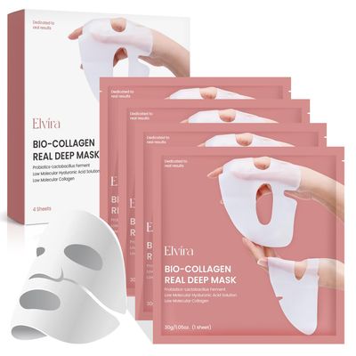 Elvira Bio-Collagen Face Mask - Deep Hydrating Overnight Face Mask, Korean Skincare, Facial Treatments &amp; Masks for Women - Firming and Moisturizing, 4-Pack