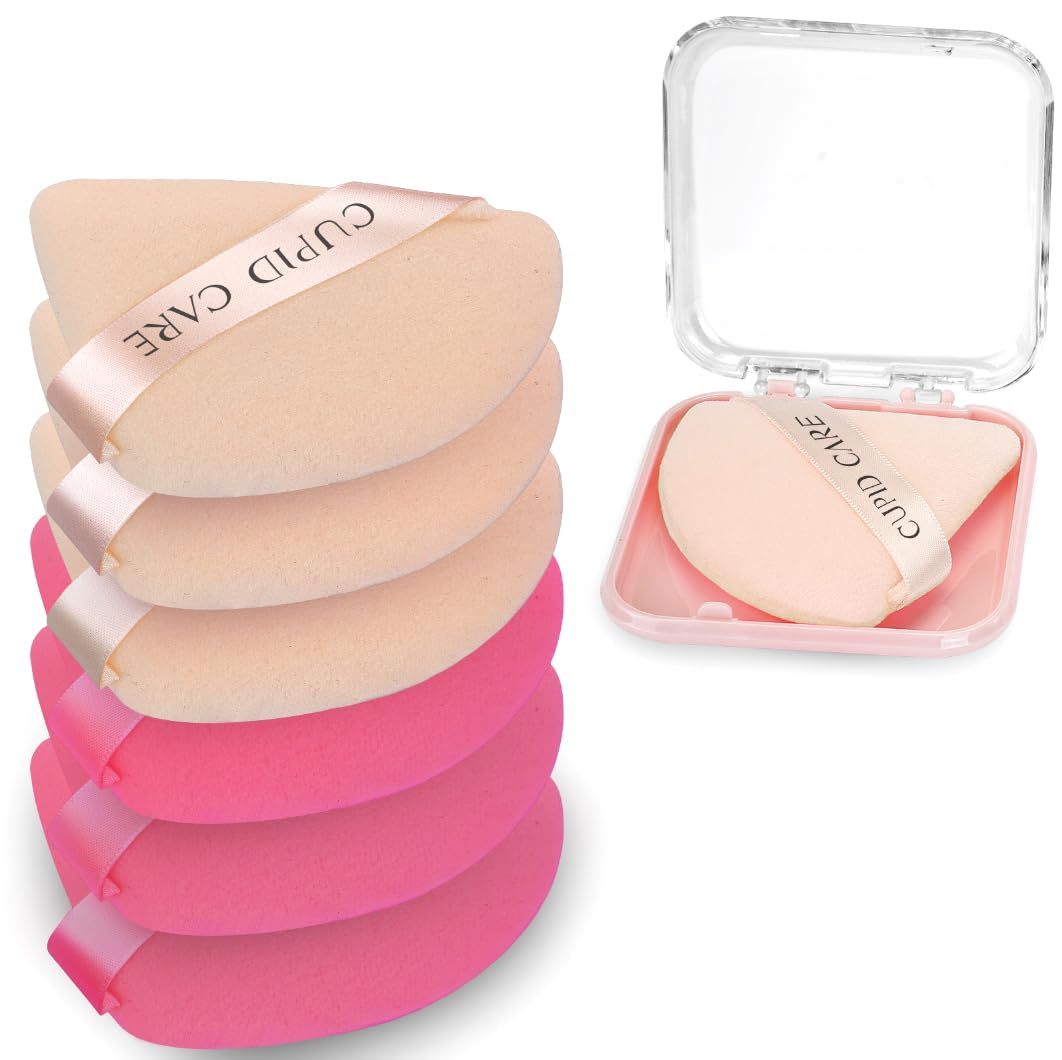 CUPID CARE 6 Pcs Powder Puff with 2 Travel Cases, Setting Powder Puffs for Face Powder and Foundation, Velour Makeup Puff for Loose Powder Body Powder, Skin-Friendly, Beauty Makeup Tools-Nude/Red