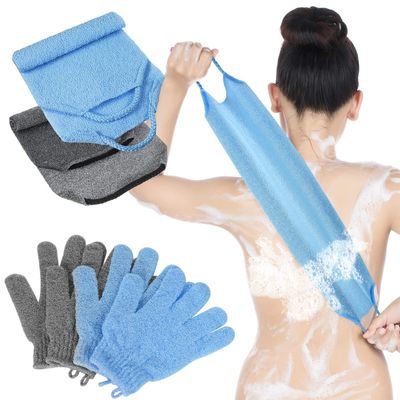 4 Pack Exfoliating Back Scrubber Body Shower Bath Set, 2 Exfoliating Body Scrubber Nylon Back Washer, 2 Pairs Scrub Gloves for Skin Pull Strap Washcloth (Gray, Blue)