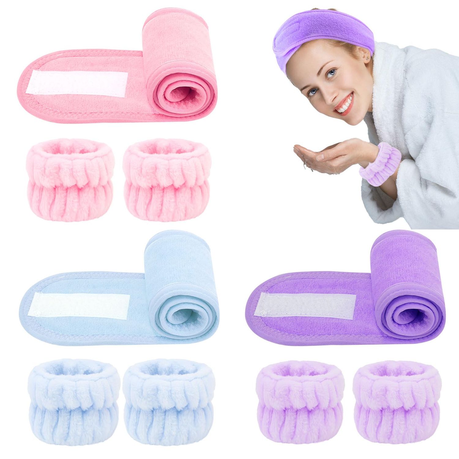 BAHABY 9 PCS Spa Facial Headbands and Wrist Bands Set, Cloth Headband Adjustable Hairband Highly Absorbent Wristbands Headband for Washing Face Shower Skincare Makeup (Pink &amp; Purple &amp; Blue)