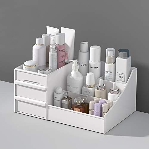 HaydeMan Makeup Organizer Countertop - Bathroom Countertop Organizer for Makeup, Skin Care, Jewelry, Brushes, Lipsticks, etc - Plastic Drawer Storage Container that works as Vanity Organizer (White)
