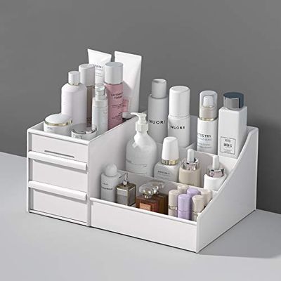 HaydeMan Makeup Organizer Countertop - Bathroom Countertop Organizer for Makeup, Skin Care, Jewelry, Brushes, Lipsticks, etc - Plastic Drawer Storage Container that works as Vanity Organizer (White)