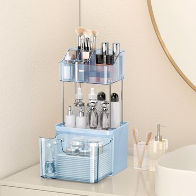 DOADW Bathroom Counter Organizer - 3 Tier Makeup Organizer Countertop - Multi-Purpose Skin Care Organizer with Drawer for Vanity, Small Cosmetic Counter Organizer (Blue)