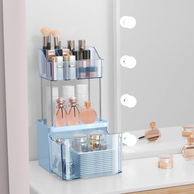DOADW Bathroom Counter Organizer - 3 Tier Makeup Organizer Countertop - Multi-Purpose Skin Care Organizer with Drawer for Vanity, Small Cosmetic Counter Organizer (Blue)