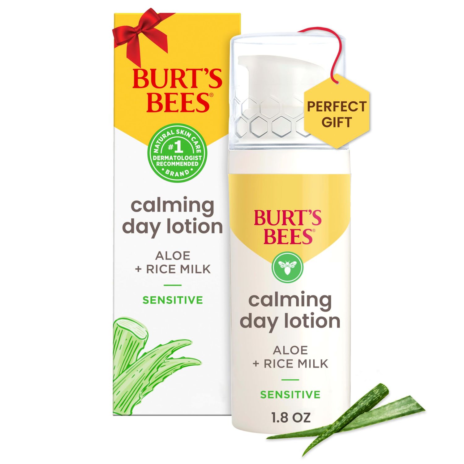 Burt&#39;s Bees Skin Care Stocking Stuffers, Face Moisturizer With Aloe and Rice Milk, Calming Day Face Lotion for Sensitive Skin, 98.9 Percent Natural Origin Skin Care Christmas Gifts, 1.8 oz. Bottle