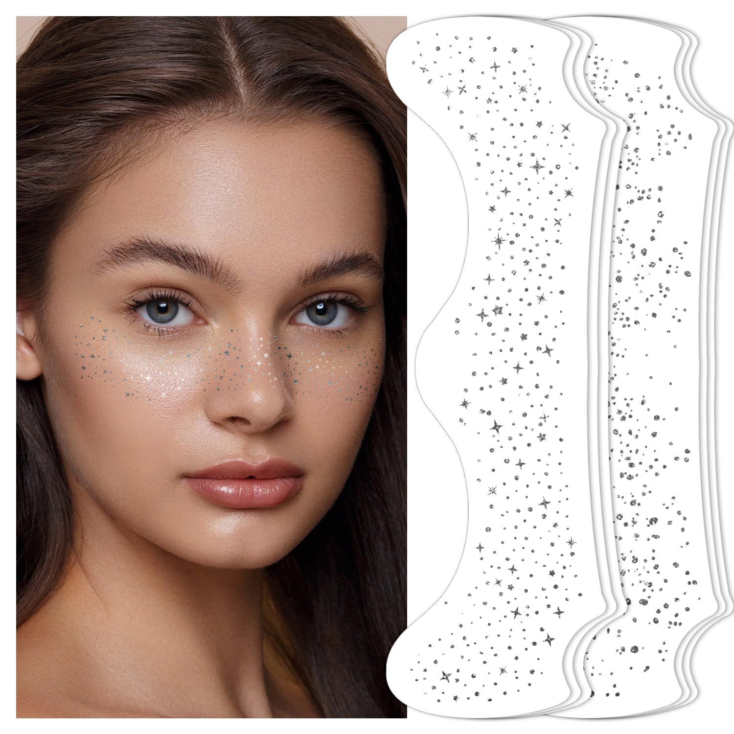 24 PCS Makeup Patches - Silver - Face Glitter Makeup Speckles Patches Freckles Face Tattoos, Makeup Accessories for Women Girl, Cosmetic Glitter for Face