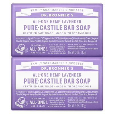 Dr. Bronner&#39;s Pure-Castile Bar Soap - Made with Regenerative Certified Organic Oils - For Face, Body, Hair- Gentle on Sensitive Skin - All Natural Soap Bar for Men &amp; Women - Lavender, 2 pack, 10oz