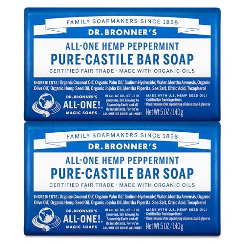 Dr. Bronner&#39;s - Pure-Castile Bar Soap (Peppermint, 5 ounce, 2-Pack) - Made with Organic Oils, For Face, Body and Hair, Gentle and Moisturizing, Biodegradable, Vegan, Cruelty-free, Non-GMO