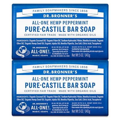 Dr. Bronner&#39;s - Pure-Castile Bar Soap (Peppermint, 5 ounce, 2-Pack) - Made with Organic Oils, For Face, Body and Hair, Gentle and Moisturizing, Biodegradable, Vegan, Cruelty-free, Non-GMO