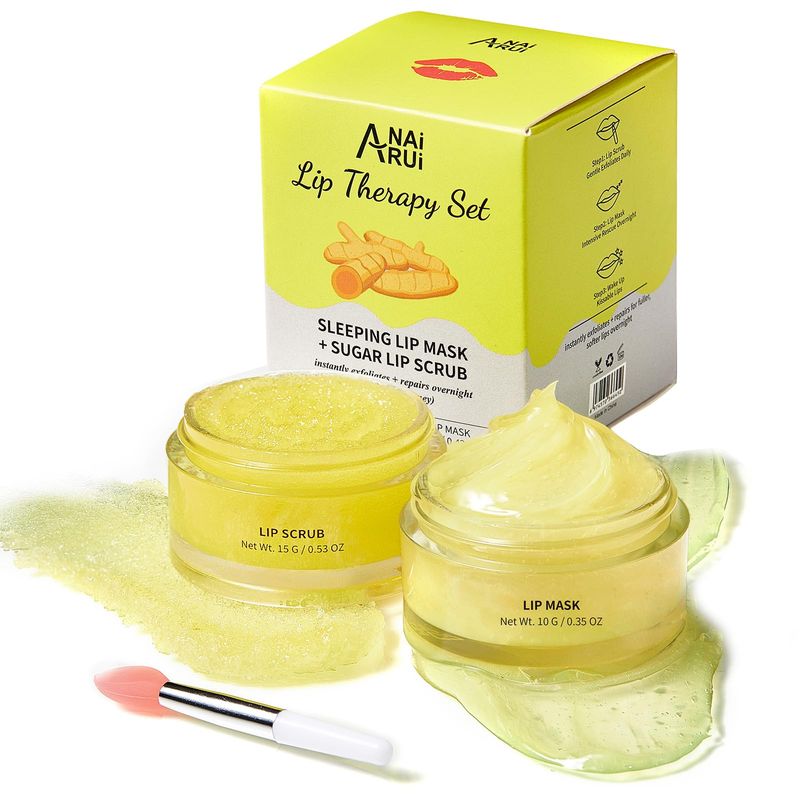 ANAI RUI Lip Care Kit - Lip Sugar Scrub Set, Lip Sleeping Mask &amp; Lip Exfoliator Scrub - Overnight Lip Skin Treatment - Scrub &amp; Moisturizer for Dry Chapped Cracked Peel Lips (Turmeric+Honey)
