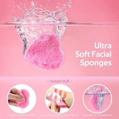 GAINWELL 50-Count Heart Shape Compressed Facial Sponges for Daily Facial Cleansing and Exfoliating, 100 Natural Cosmetic Spa Sponges for Makeup Remover