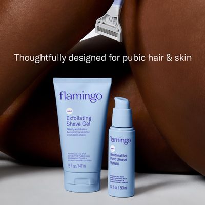 Flamingo Pubic Hair Razor for Women, Shaving Kit - 1 Pubic Razor - Exfoliating Shave Gel 5 fl oz - Restorative Post Shave Serum 1.7 fl oz