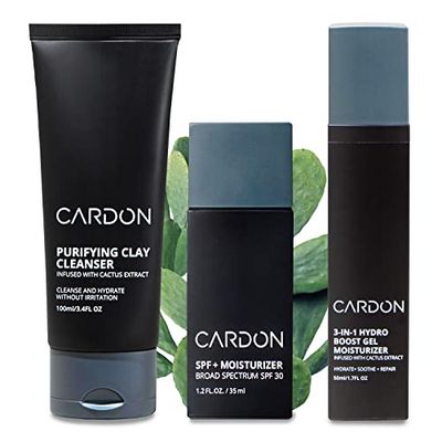 Cardon Cactus-Based Men&#39;s Skincare Set | Premium Korean Skincare for Sensitive Skin and Oily Skin | Water-based Face Moisturizer with SPF 30, Gentle Face Wash, Repairing Night Cream with Vitamin E