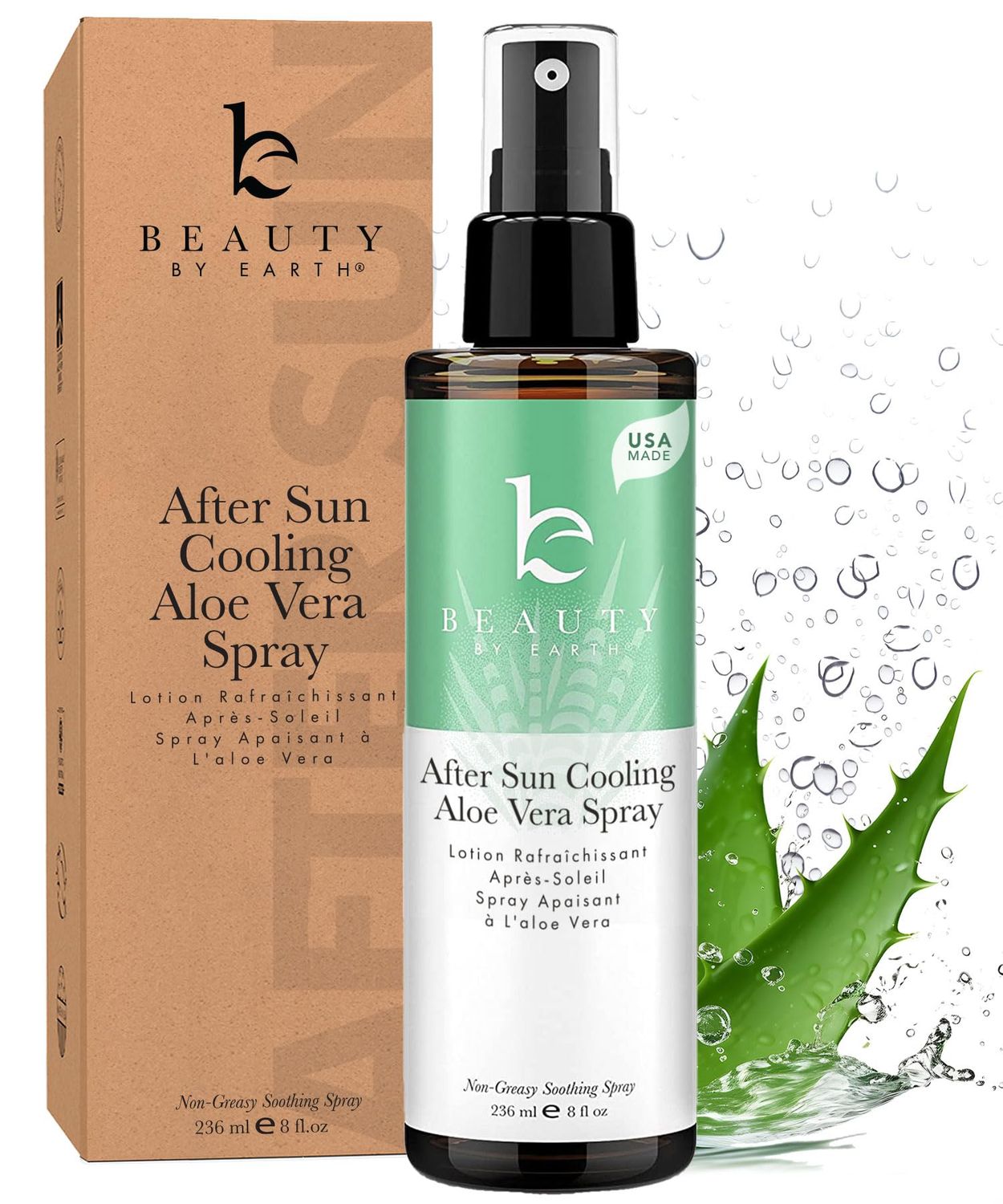 Beauty by Earth After Sun Cooling Aloe Vera Spray - USA Made With Organic Aloe Vera, Fast Absorbing After Sun Care for Sunburn Relief, Skin Cooling Spray, Sunburn Treatment Spray Lotion for Body