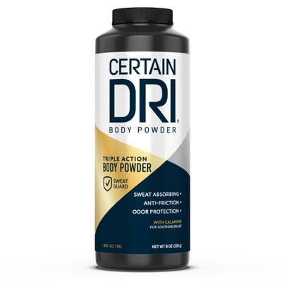 Certain Dri Body Powder for Men &amp; Women, Maximum Sweat Absorption, Moisture &amp; Odor Control, Itch-Free Foot and Body Powder, Talc-Free Formula, Gentle on Sensitive Skin, Calamine Scent, 8 oz