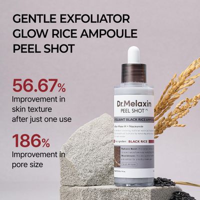 Dr.Melaxin Peel Shot Glow Black Rice Peeling Ampoule, Soft Exfoliating Face and Body Scrub Dead Skin Cells, Blackheads Remover for All Skin Types, 80ml
