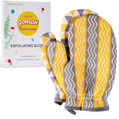 Gomew Exfoliating Gloves (2PC), Premium Korean Spruce Fibers, Body Scrubber for Smooth Skin, Keratosis Pilaris &amp; Ingrown Hair Relief, Dead Skin Remover, Spray Tan Remover, Shower Skincare,Geo Yellow