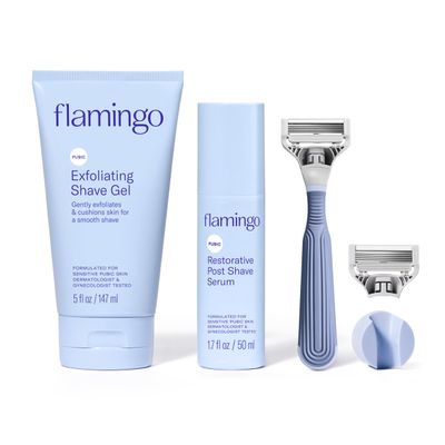 Flamingo Pubic Hair Razor for Women, Shaving Kit - 1 Pubic Razor - Exfoliating Shave Gel 5 fl oz - Restorative Post Shave Serum 1.7 fl oz