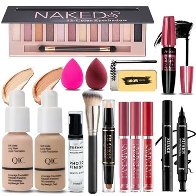 All in One Makeup Kit for Women Full Kit, 12 Colors Eyeshadow, Foundation &amp; Primer, Lipsticks, Eyeliner, Mascara, Contour Stick, Brow Soap, Makeup Brush &amp; Sponge, Make Up Gift Set for Women, Teens