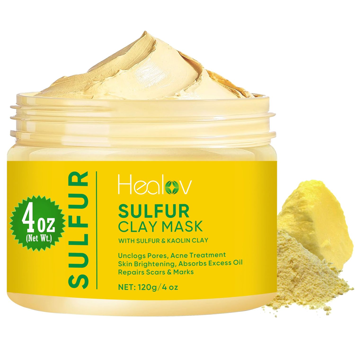 Healov Sulfur Face Mask - All Natural Sulfur Facial Clay Mask - Glowing Skin Mask For Acne, Spots, Oily Skin - Sulfur Acne Mask Absorbs Excess Oil and Unclogs Pores - Sulfur Mask Skincare